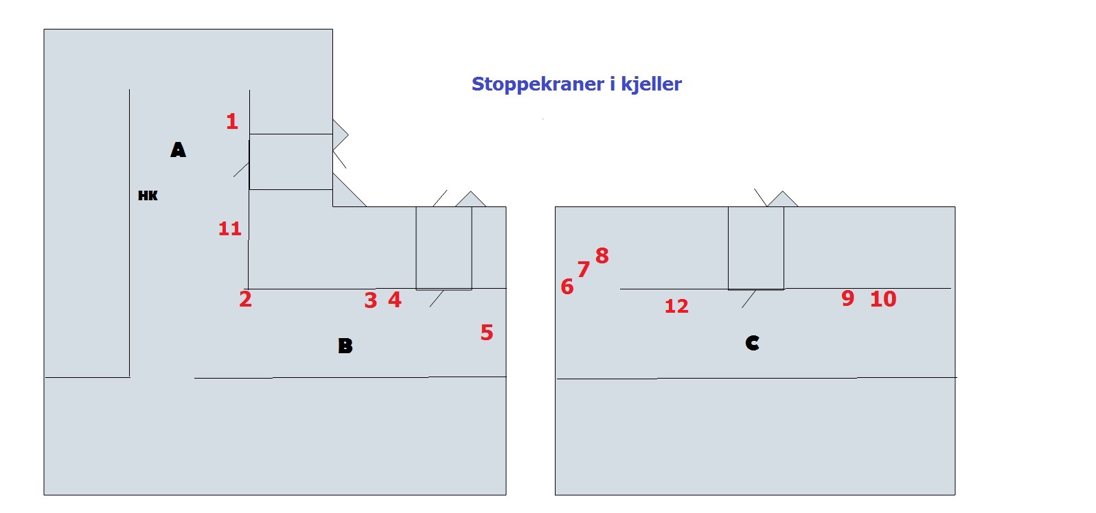 Kart over stoppekraner i kjeller